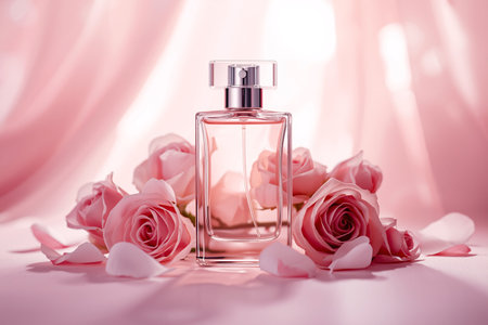 Luxury Perfume Bottle Surrounded by Soft Pink Roses and Petalsの素材