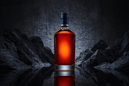 Luxury Whisky Bottle Against Dramatic Rocky and Dark Backgroundの素材