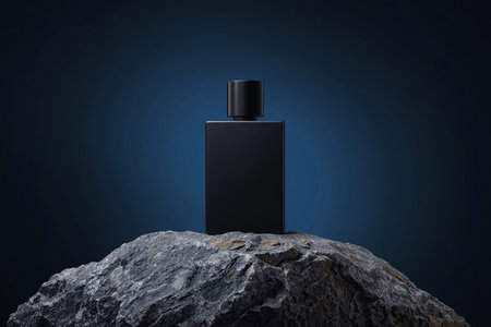 Matte Black Rectangular Perfume Bottle on Rough Stone in Dark Settingの素材