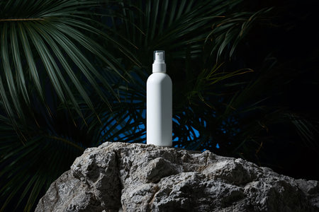 Minimalist White Spray Bottle on Rock with Tropical Leavesの素材