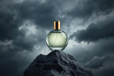 Luxury Spherical Perfume Bottle on Rock with Dramatic Storm Cloudsの素材