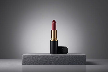 Luxury Red Lipstick Displayed on a Minimalist Gray Podiumの素材