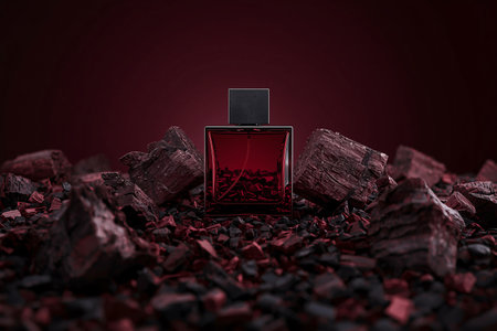 Masculine Red Perfume Bottle Displayed Among Dark Textured Rocksの素材