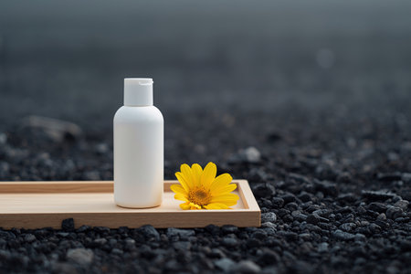 Minimalist White Cosmetic Bottle on Wood Tray with Yellow Flowerの素材