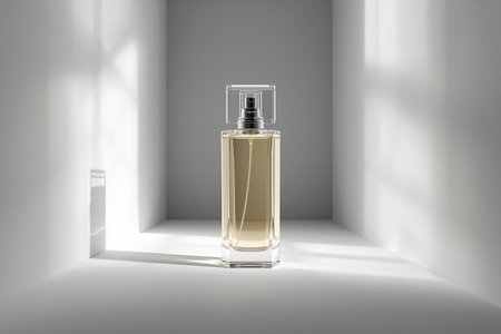 Minimalist Luxury Perfume Bottle in White Studio with Window Lightの素材