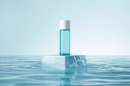 Minimalist Skincare Bottle on Chipped Ice Block in Blue Wavy Waterの素材