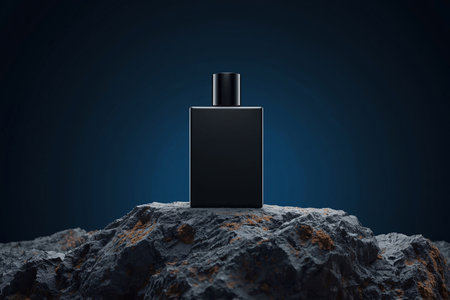 Minimalist Black Perfume Bottle on Textured Dark Rock with Rust Accentsの素材