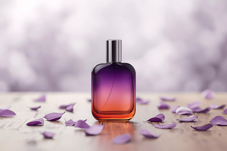 Purple Orange Gradient Perfume Bottle on Wood with Lavender Petalsの素材