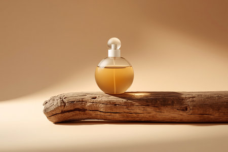 Natural Perfume Bottle on Wooden Log with Warm Beige Backgroundの素材
