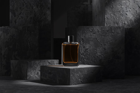 Rectangular Amber Perfume Bottle on Textured Black Stone Pedestalの素材
