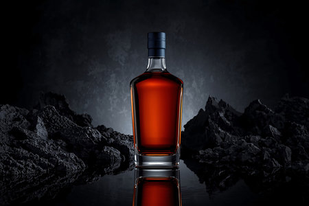 Premium Dark Liquor Bottle on Wet Rocks with Strong Lightingの素材