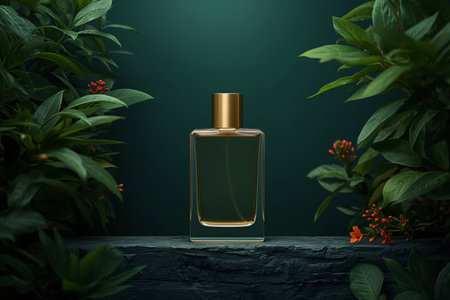 Natural Perfume Bottle in Lush Greenery with Dark Emerald Backgroundの素材