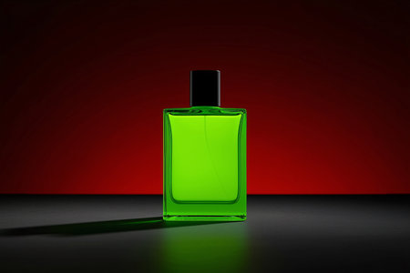 Rectangular Green Perfume Bottle with Black Cap on Dark Red Backgroundの素材