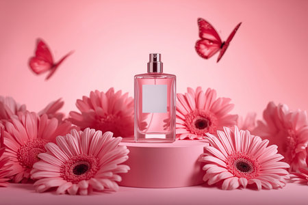 Pink Perfume Bottle Mockup on Podium with Gerber Flowers and Butterflyの素材