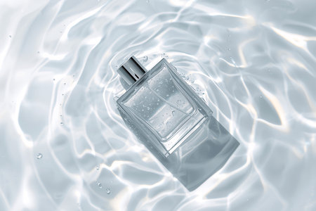 Square Glass Perfume Bottle Submerged in Clear Waterの素材