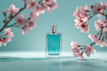 Turquoise Perfume Bottle Framed by Pink Cherry Blossomsの素材