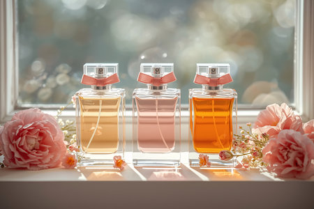 Three Elegant Perfume Bottles with Pink Flowers by a Windowの素材