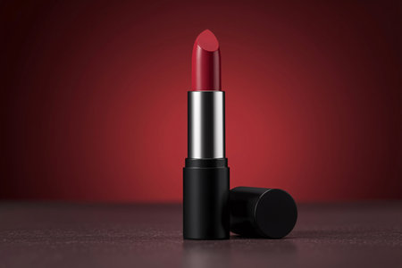 Red Lipstick Open with Cap on Dark Surface against Red Backgroundの素材