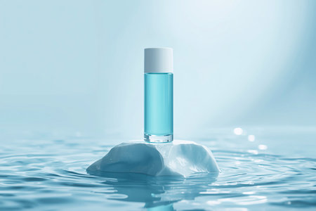 Transparent Skincare Bottle on Natural Ice Rock with Water Ripplesの素材