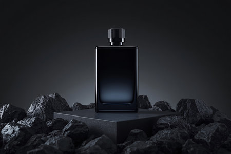 Sleek Black Cologne Bottle Mockup on Podium Surrounded by Dark Rocksの素材
