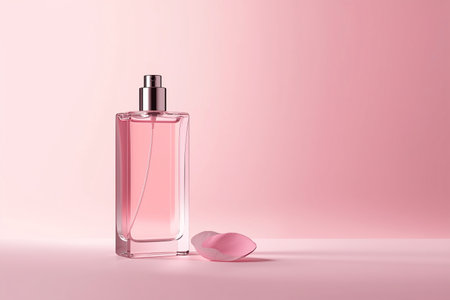 Rectangular Pink Perfume Bottle with Single Petal on Pink Backgroundの素材