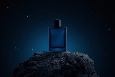 Sleek Blue Perfume Bottle on Textured Rock with Dark Blue Backgroundの素材