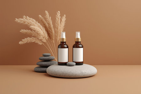 Two Cosmetic Spray Bottles Mockup on Stone with Pampas Grass Displayの素材