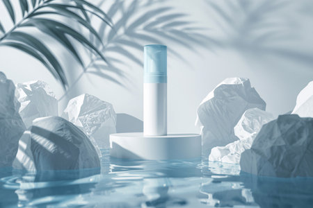 White Cosmetic Bottle on Podium in Water with Palm Leaf Shadowの素材