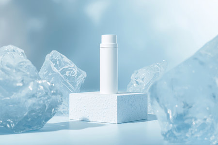 White Cosmetic Bottle on Podium Surrounded by Large Ice Blocksの素材