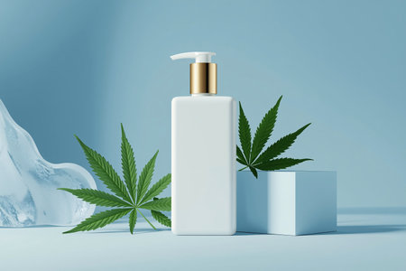 White Pump Lotion Bottle with Cannabis Leaves and Ice on Blue Backdropの素材
