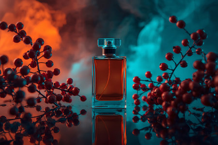 Vibrant Perfume Bottle with Berries and Contrasting Studio Lightingの素材