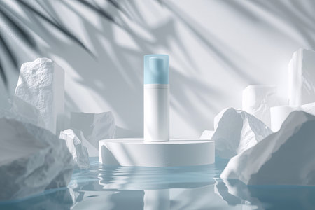 White Cylindrical Skincare Bottle on Podium with Ice and Palm Shadowの素材