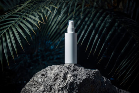 White Cosmetic Spray Bottle Displayed on Rock with Palm Leavesの素材