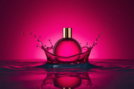 Dynamic Perfume Bottle Splash with Vibrant Magenta Backgroundの素材