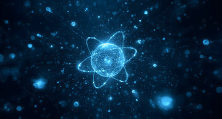 3D Rendering of a Glowing Atom in a Futuristic Digital Environmentの素材