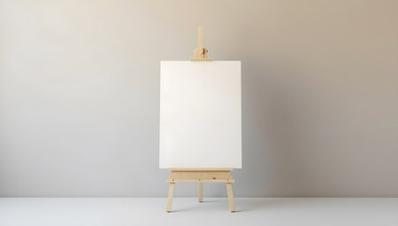 Blank Vertical White Canvas on a Wooden Easel with Spotlights in a Studioの素材