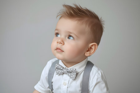 Adorable Toddler Boy with Spiked Hair and Bow Tie Looking Upの素材