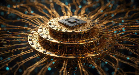 Detailed Golden Microchip with Intricate Wiring and Glowing Connectionsの素材