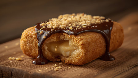 Fried Pastry with Cream Filling, Chocolate Drizzle, and Nutsの素材