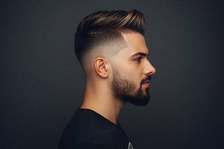 Elegant Comb-Over Hairstyle with Fade and Beardの素材