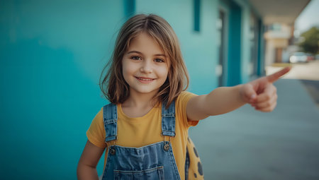 Happy Schoolgirl Pointing Outdoorsの素材