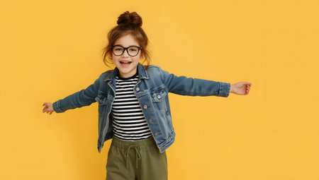 Happy Little Girl in Denim Jacket with Arms Openの素材