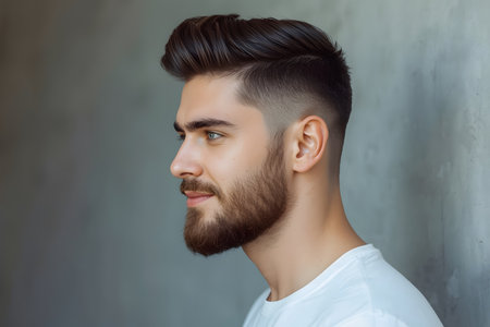 Handsome Man with Volumed Haircut, Full Beard, and Striking Green Eyesの素材