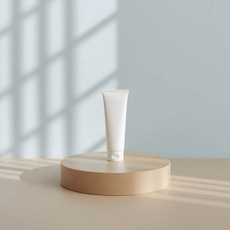 Minimalist skincare product displayed on a circular pedestal with soft shadows enhancing the aesthetic in a serene indoor settingの素材