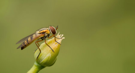 Macro Shot of a Hoverfly on a Green Plant Budの素材
