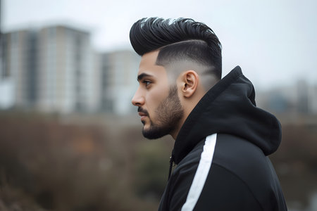 Modern fade hairstyle for men with beard and hoodie outdoorsの素材