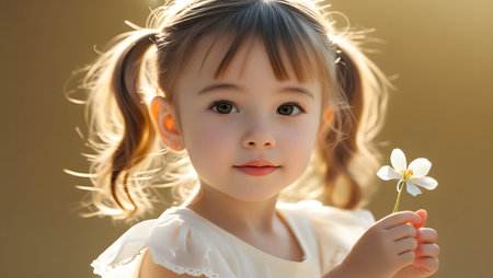 Portrait of Adorable Little Girl with Bangs Holding a White Daisyの素材