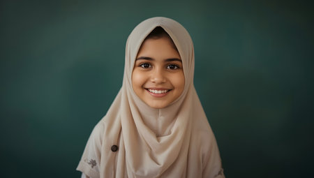 Portrait of a Happy Young Muslim Girl Smiling in Front of a Chalkboardの素材