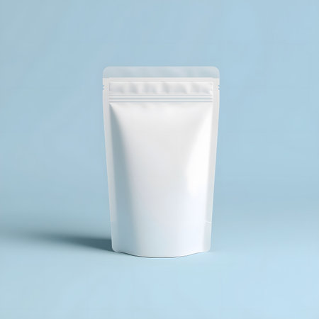 Sealed white pouch on a light blue background for packaging products or food itemsの素材