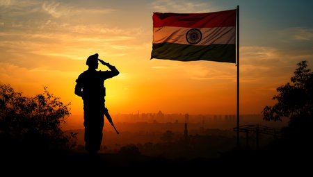Silhouette of Indian Soldier Saluting Flag at Sunsetの素材